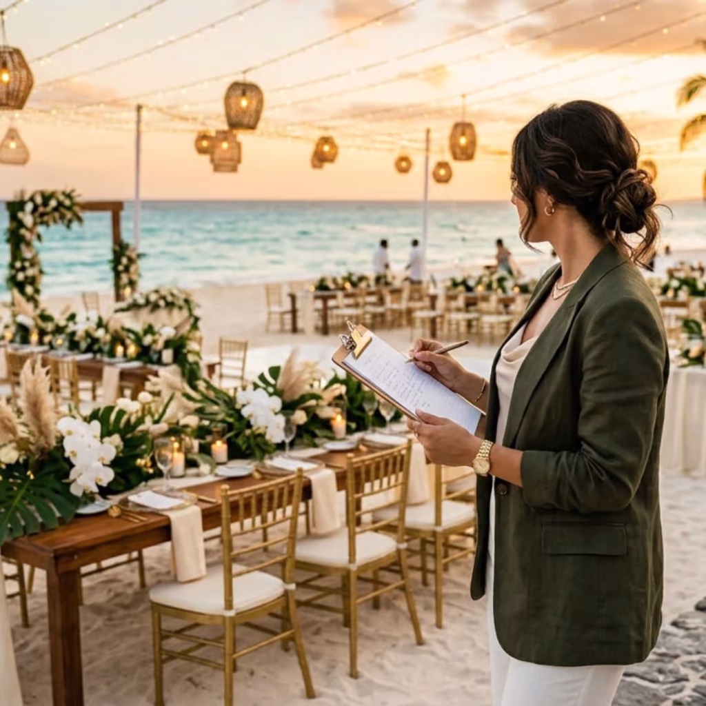 A confident, elegantly dressed female wedding planner standing at the edge of a stunning beachfront wedding setup in Cancún, Mexico. She is reviewing a clipboard or tablet, with her back slightly turned to camera, overlooking a fully dressed reception — long linen tables with tropical floral centerpieces in white and deep green, warm string lights overhead, and the turquoise Caribbean sea in the background at golden hour.